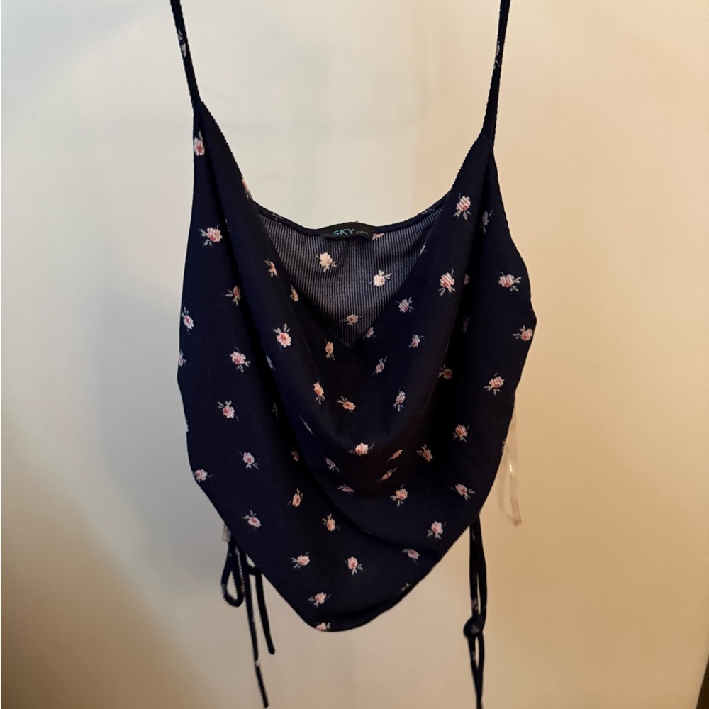 Navy Floral Cowl Neck Top